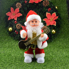 Santa Claus figurine playing a guitar with a Christmas wreath in the background