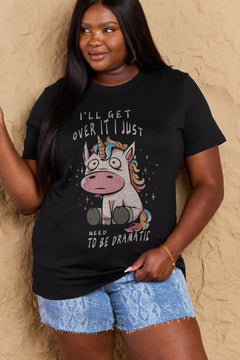 Black Tshirt with round neck and short sleeves, Sad unicorn with big eyes sitting down with slogan  I'LL GET OVER IT I JUST NEED TO BE DRAMATIC
