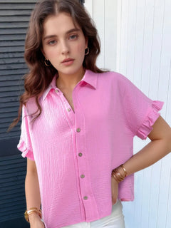 Frill Collared Neck Short Sleeve Shirt