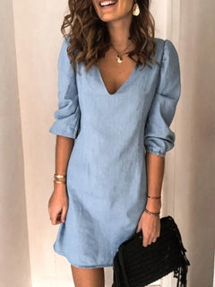 V-Neck Half Sleeve Dress with elastic push up sleeves, blue, loose fit, comes to mid thigh