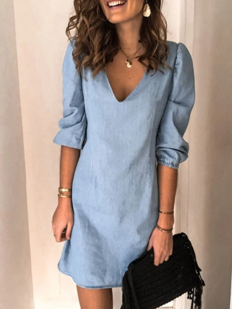 V-Neck Half Sleeve Dress with elastic push up sleeves, blue, loose fit, comes to mid thigh