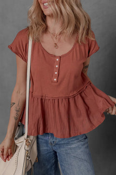 Short Sleeve U Neck Buttons Splicing Ruffle Blouse