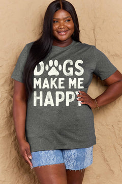Short sleeved round neck green tshirt with DOGS MAKE ME HAPPY in big block letters on the front. The O in dog is replace by a paw print in white, just like the letters.
