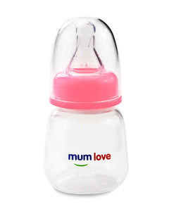 Baby bottle with pink cap and 'mum love' branding on a white background