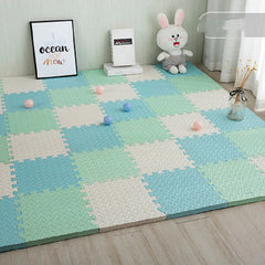 Children's play mat with colorful foam tiles in a room setting.