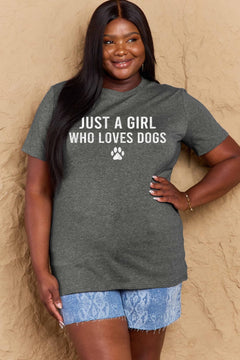 A grey t-shirt with 'Just a Girl Who Loves Dogs' text and a pawprint below in white. Round neck and short sleeves, loose fit
