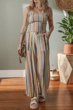 Striped Smocked Cami Top and Wide Leg Pants Set