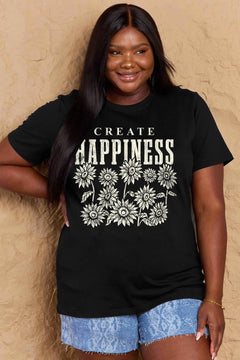 Black Tshirt with round neck and short sleeves, the caption in capital letters says CREATE HAPPINESS, with create being in small letters centered over Happiness. underneath the letters, in white as well, ten flowers arranged in three rows.