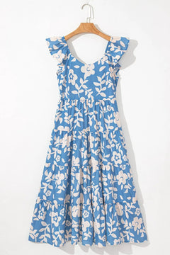 Floral Flutter Shoulder Tiered Flowy Midi Dress
