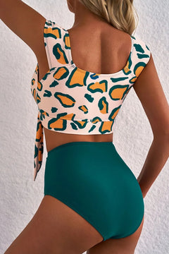 Leopard Print U Neck Knotted High Waist Bikini Set