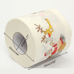 Roll of toilet paper with Santa Claus and reindeer design, showing dimensions.