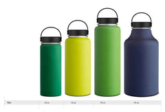Four colorful wide mouth water bottles with black lids on a white background