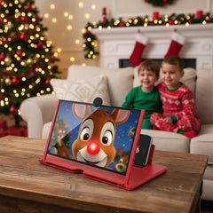 Red adjustable screen magnifying cell phone stand  being demonstrated in a holiday decorated living room