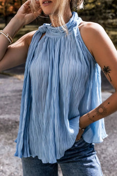 Textured Pleated Tied Mock Neck Flowy Tank Top