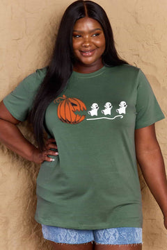 Green Tshirt with Jackolantern appearing to be trying to eat a line of fleeing ghosts