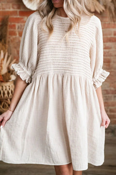 Textured Ruffled Puff Sleeve Loose Dress