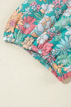 Multicolour Notched Neck Puff Short Sleeve Floral Blouse