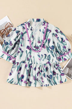 Floral Ricrac Trim Half Sleeve Peplum Top