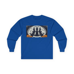 Dark blue Tee shirt with a Halloween-themed graphic,witches standing with brooms facing the full moon slogan says Lets get Wicked at the bottom and Girls Trip at top