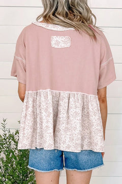 Waffle Floral Patchwork Exposed Seam Detail Short Sleeve Top