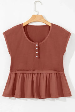 Short Sleeve U Neck Buttons Splicing Ruffle Blouse
