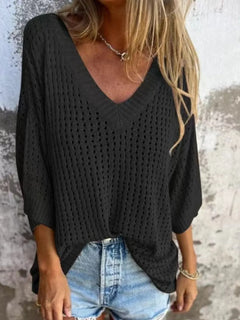 Openwork V-Neck Knit Cover Up in black with dropped sleeves and wide hem around the neck, could pass as an oversized sweater with an undershirt