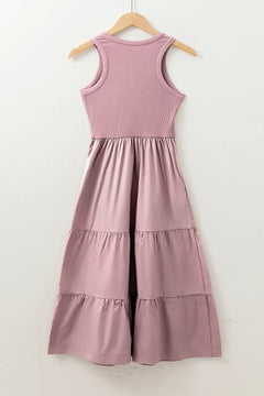 Ribbed Vest Patchwork Tiered Midi Dress with Pockets