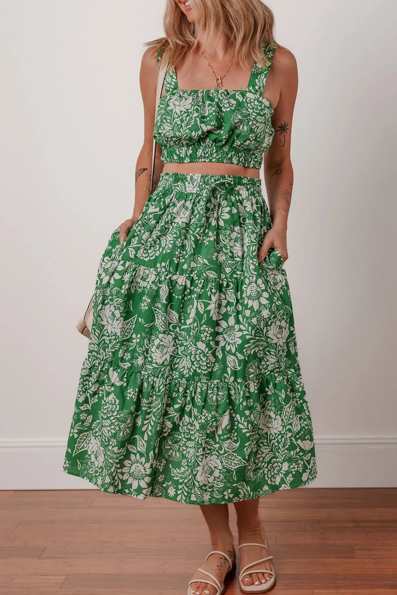 Green floral two piece dress with cropped tank top and full tiered Skirt, Green with white floral pattern