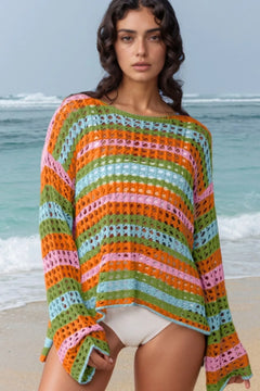 Colorful crochet cover-up with horizontal stripes on open work stitching, blue, green, pink, orange. Boat neck, pullover with dropped shoulders and extra long sleeves