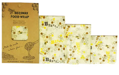 Beeswax food wrap with packaging and bee designs on a white background