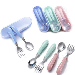 Set of colorful baby forks and spoons in pastel blue, green, and pink with matching carrying cases on a white background