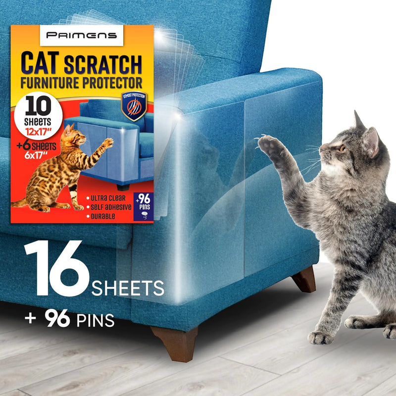 Paimens cat scratch furniture protector packaging with a cat interacting with a blue armchair.