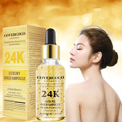 Covercoco 24K Luxury Gold Ampoule bottle and packaging with a woman on a gold background