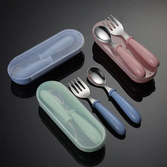 Set of colorful baby forks and spoons in pastel blue, green, and pink with matching carrying cases on a white background