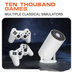 White gaming controllers and light fixture on a dark background with text about games and simulators.