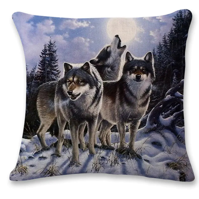 Decorative pillow with wolves in a snowy landscape design