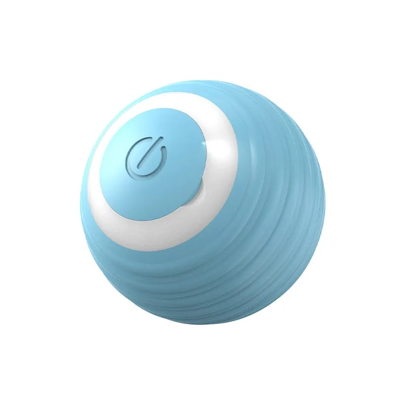 Blue and white ball with power button for automatic movement to entertain pets
