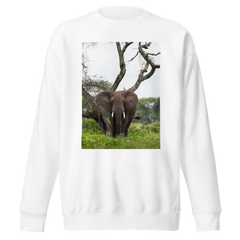 White Sweatshirt with an elephant photgraphed in front of a twisted tree, standing in grass. 5% of profits goes to support retired circus elephants