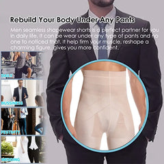 Man wearing a suit with a focus on men's seamless shapewear shorts, surrounded by lifestyle images.