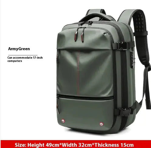 Green backpack with text indicating it can accommodate 17-inch computers and providing dimensions.