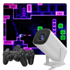 White security camera with two black gaming controllers in front of a retro video game screen.