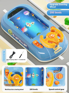 Multifunctional steering wheel toy with screen and controls on a gray surface.