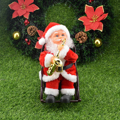 Santa Claus figurine playing a saxophone with Christmas decorations in the background