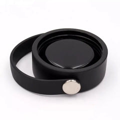 Black replacement lid for widemouth stainless steel flasks shown upside down