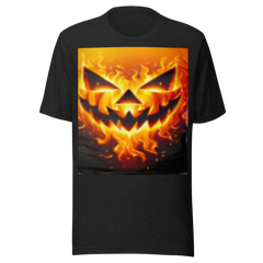 Black t-shirt with a fiery pumpkin face design 