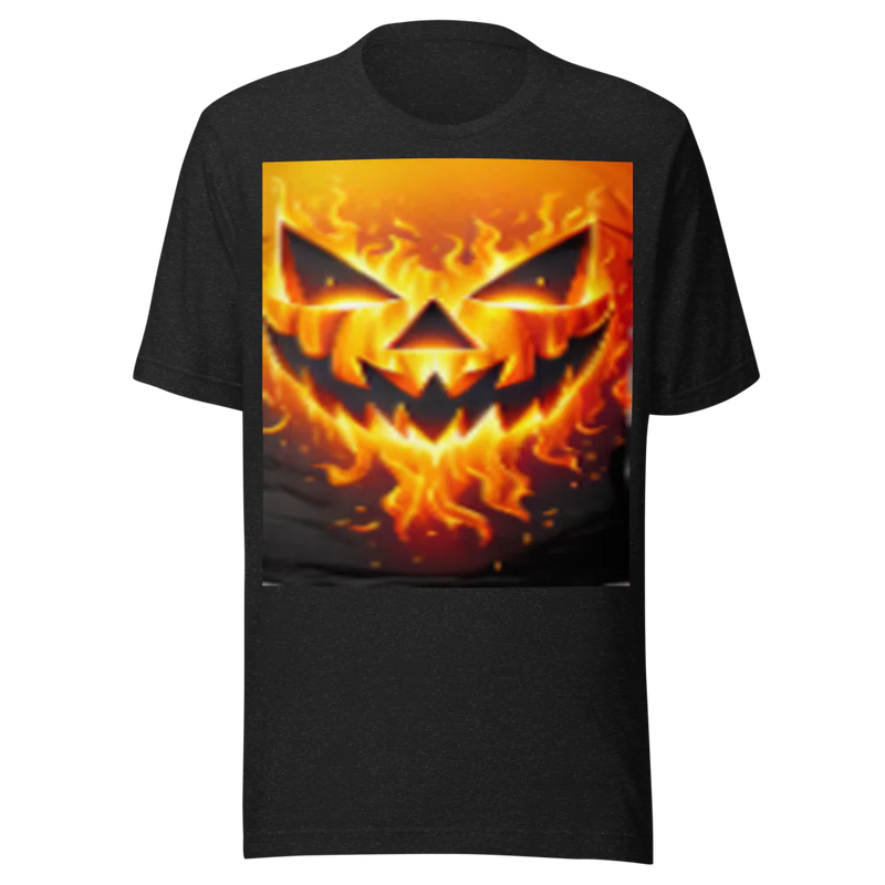 Black t-shirt with a fiery pumpkin face design 