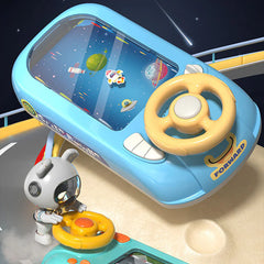 Toy car console with steering wheel and digital display on a road setup