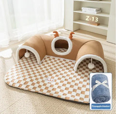 can tunnel playhouse with checkered mat on a carpeted floor