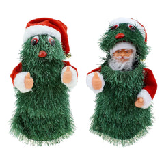 Two green textured figures resembling Santa Claus on a white background