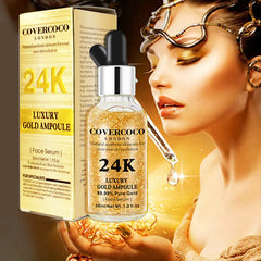 Covercoco 24K Luxury Gold Ampoule face serum with packaging and a woman holding it.